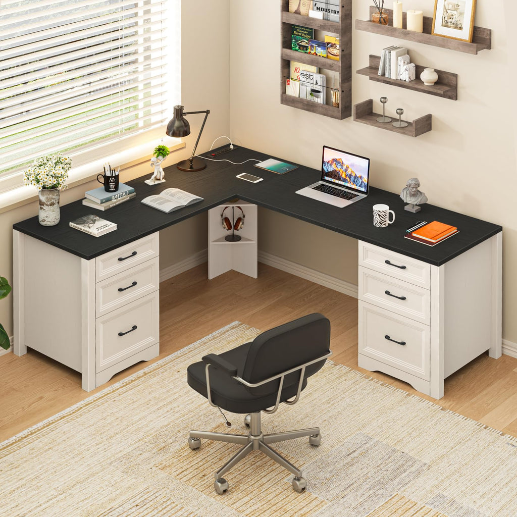 Halitaa Farmhouse Home Office Desk with 6 Drawers, L Shaped Executive Desk with Power Outlets and Triangle Under-Desk Storage Shelf & Drawer File Cabinet, Corner Computer Desk, Grey