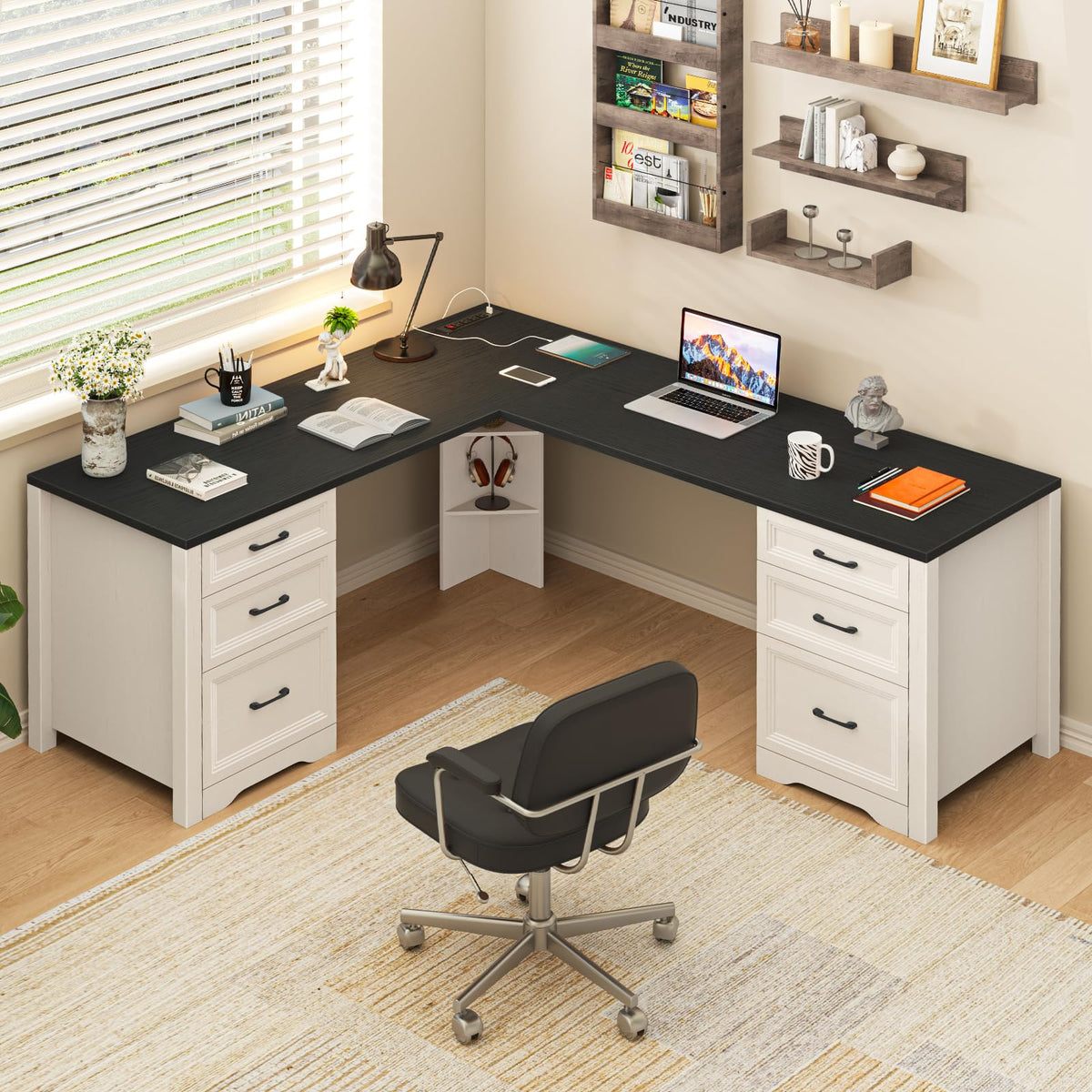 Halitaa Farmhouse Home Office Desk with 6 Drawers, L Shaped Executive Desk with Power Outlets and Triangle Under-Desk Storage Shelf & Drawer File Cabinet, Corner Computer Desk, Grey