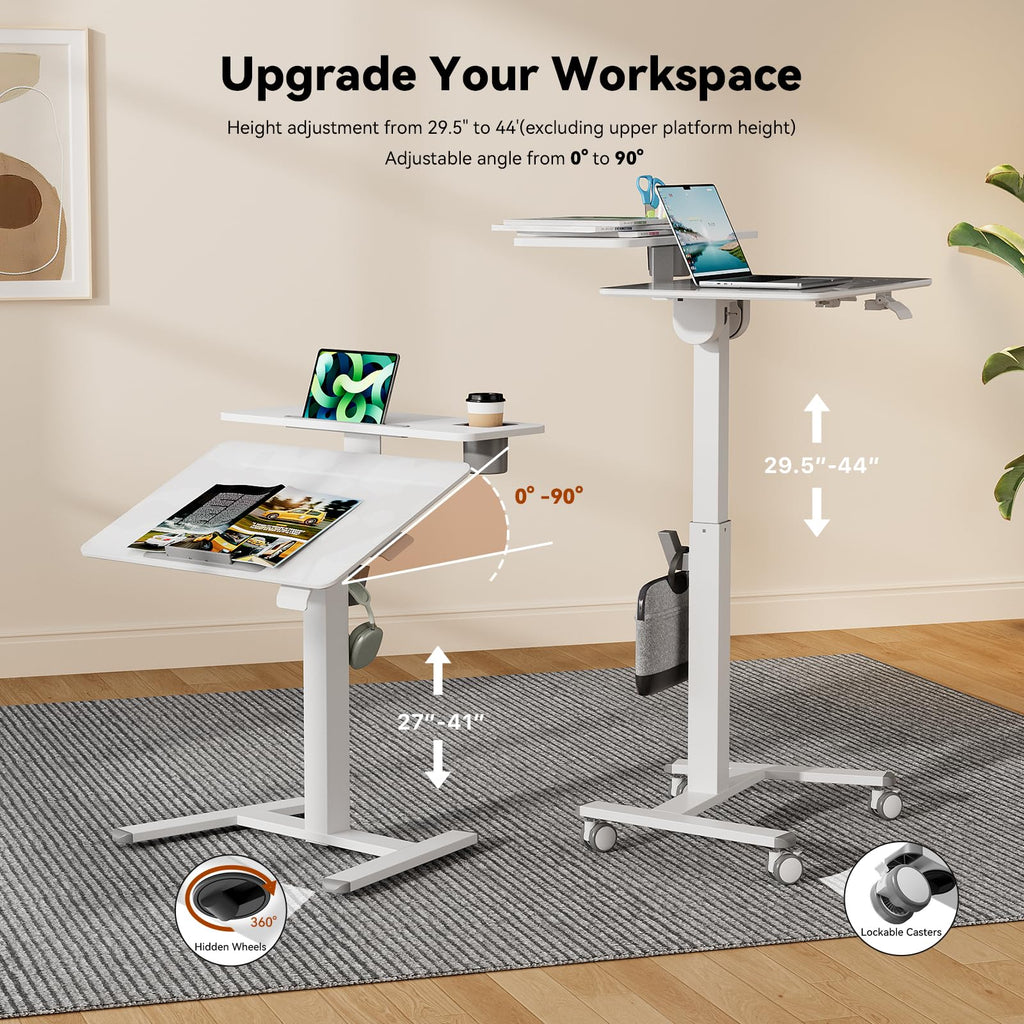 28" Mobile Standing Desk, Tiltable Top with 2-Tier Shelves, White