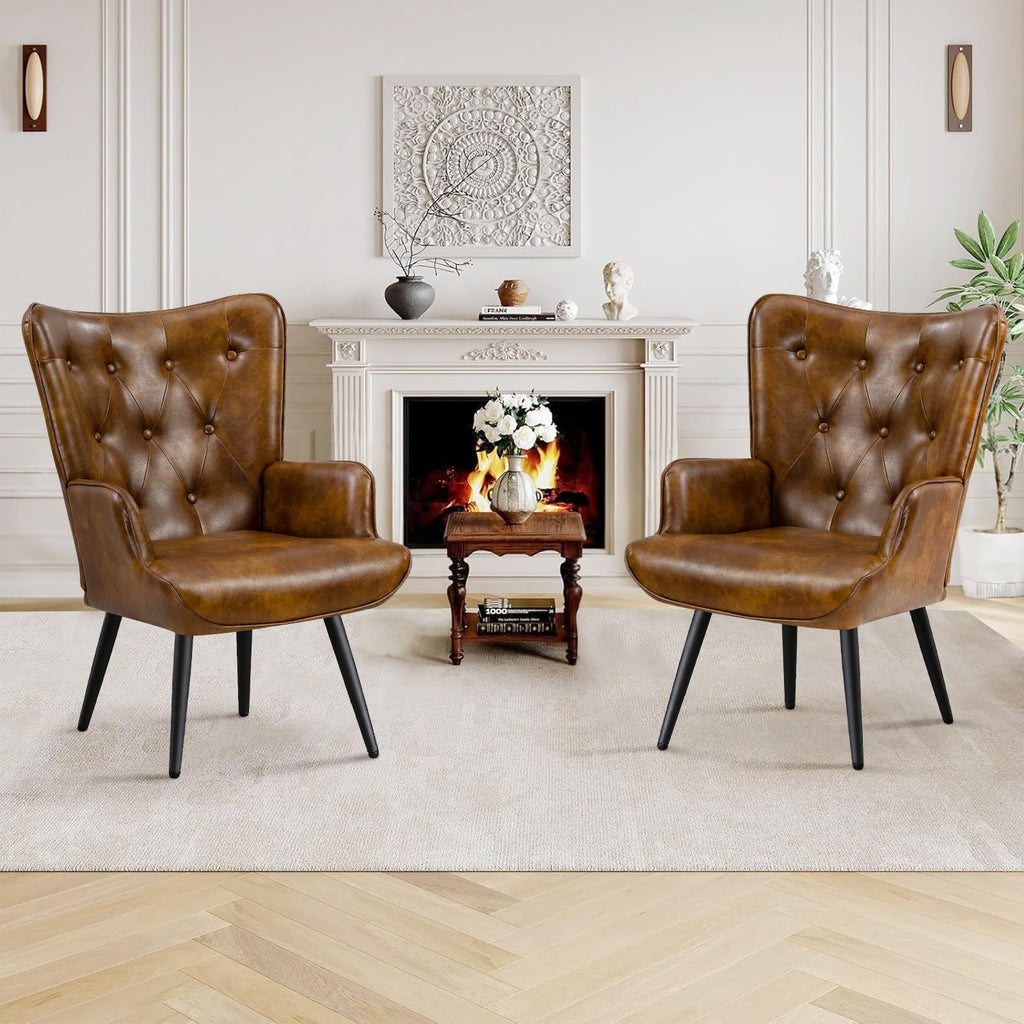 Furniliving PU Leather Accent Chair for Living Room, Upholstered Reading Chair with High Backrest, Tufted-Button Wingback Armchair for Bedroom, Dressing Room, Home Office, Brown, Set of 2