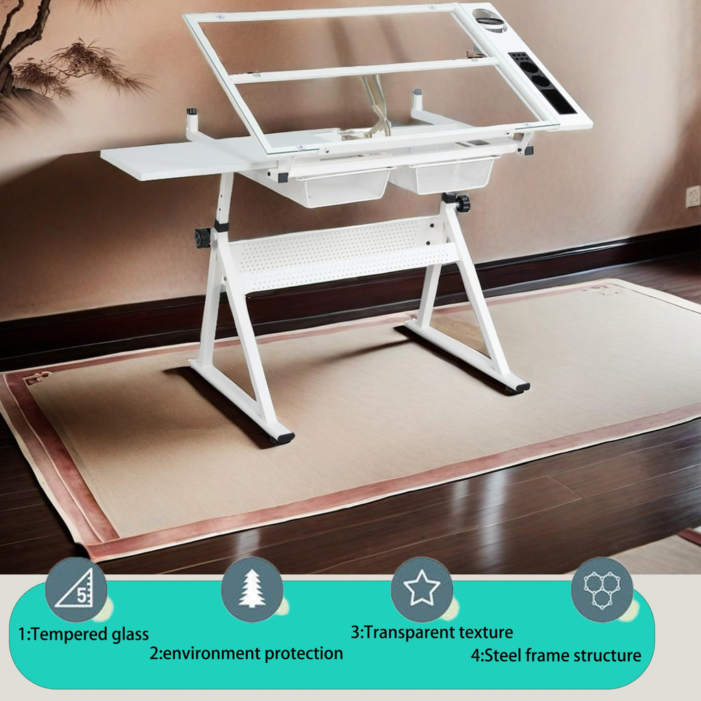 Donfafecuer Adjustable Drafting Table for Adults Professional Art Table 2 Storage Drawers Height Adjustable Home Office Reading Painting Tempered Glass Top Modern Black Design