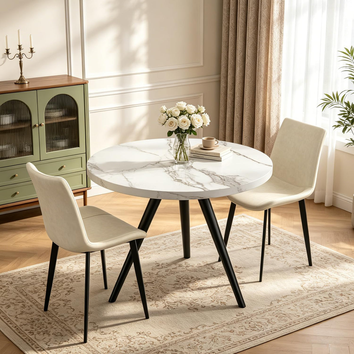 34.6" Round Dining Table Set for 4, Modern Kitchen Coffee Table Set, Walnut