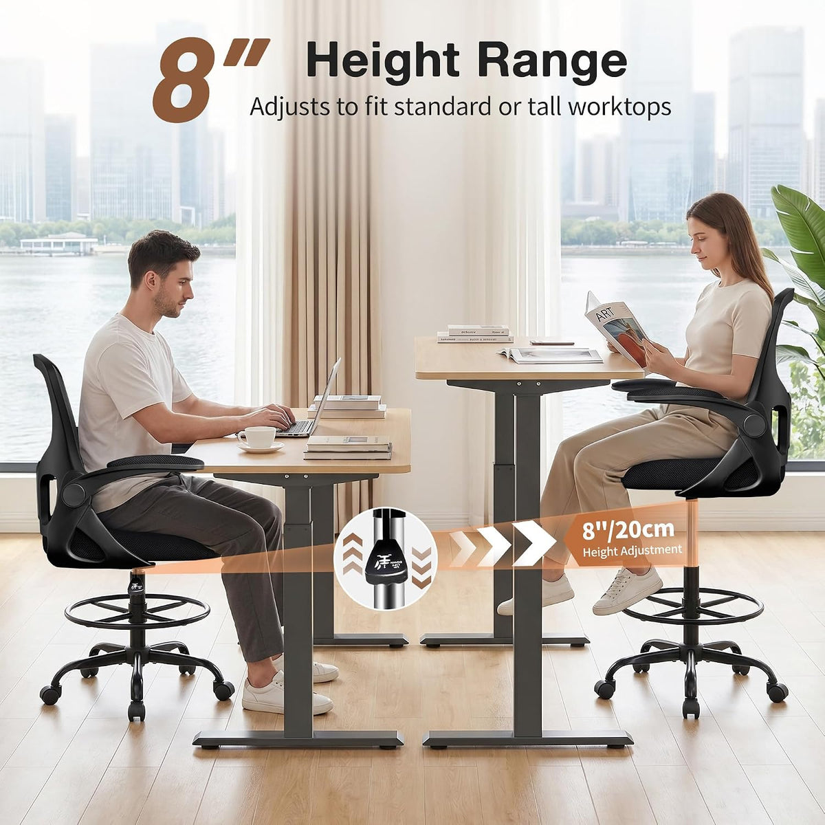 Drafting Chair, Tall Office Chair for Standing Desk with Flip-Up Armrests, Adjustable Foot Ring & Lumbar Support, Breathable Mesh High Desk Stool for Studio & Drafting Table, Black