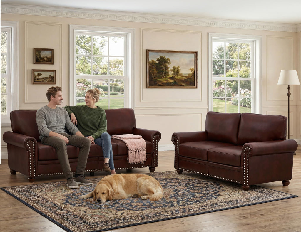 2 Piece Couch Sets for Living Room,Mid Century Modern Couch with Storage Nailhead Trim & Rolled Armrests,Deep Seat Comfy Couch,Furniture Set for Living Room,Bedroom,Office(Navy Blue,Loveseat+3 Seater)