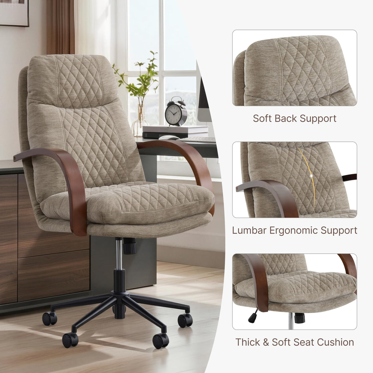 KISLOT Home Office Desk Chair, Ergonomic Office Chair with Lumbar Support, Adjustable Swivel Computer Chair with Wheels, Faux Leather Executive Task Chair with Wood Arms, Set of 2, Brown