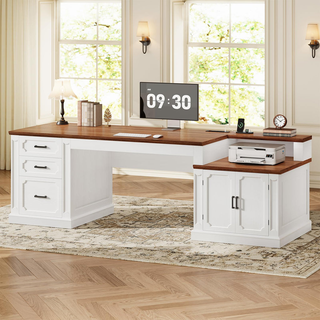 SEDETA Farmhouse 70.9" Executive Desk, Home Office Desk with File Drawers and Storage Cabinet, Computer Desk with Power Outlet for Home Office, Work Study Writing, Black+Brown