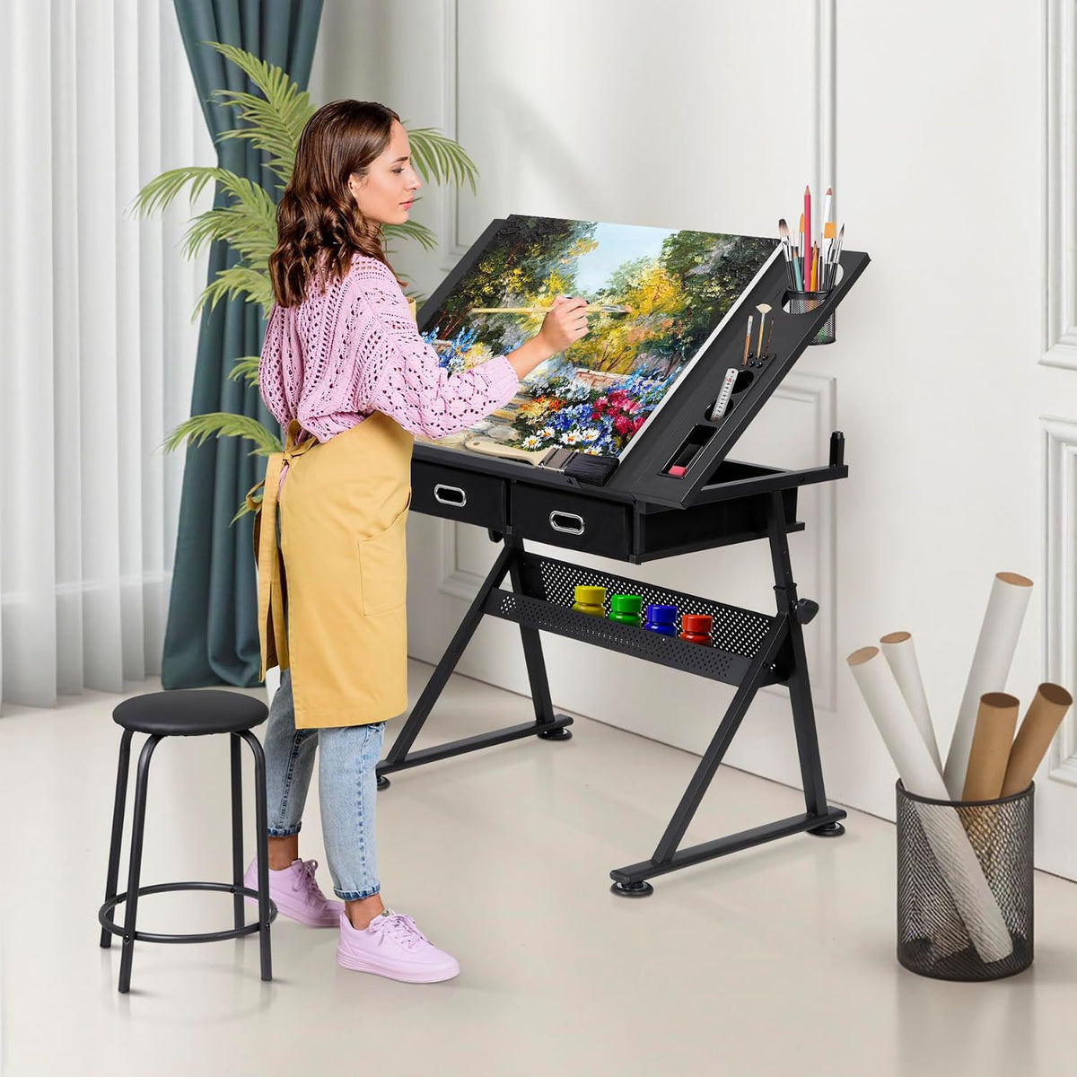 LEMY Drafting Table Art Desk, Height Adjustable Drawing Table Tilting Tabletop Work Station with Stool and Storage Drawer for Home, Office, Writing, Black