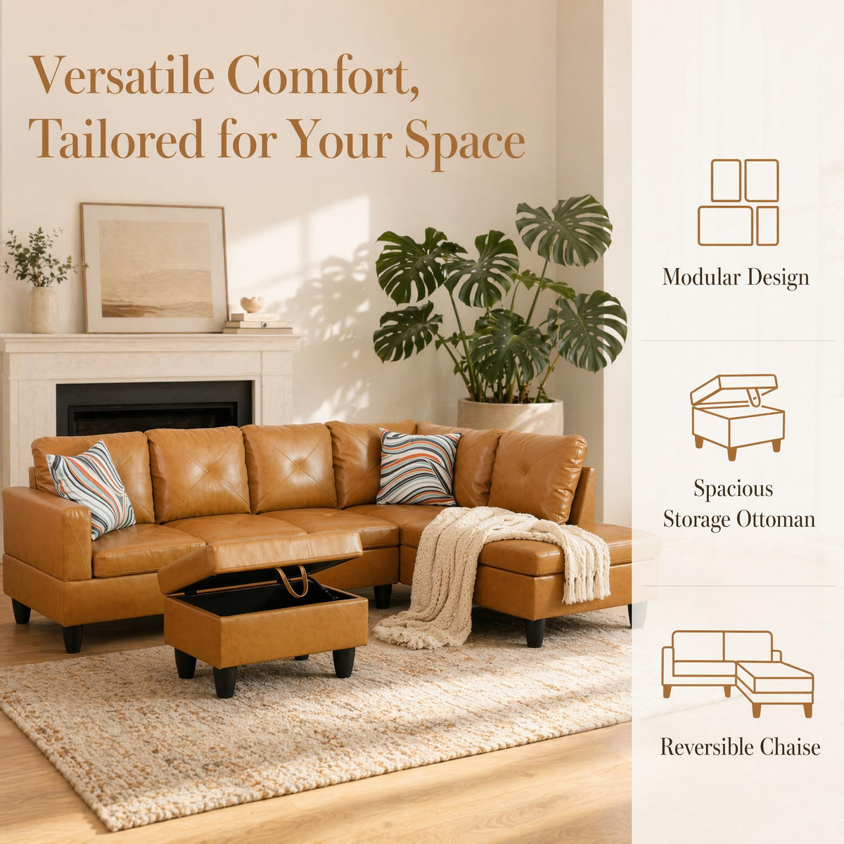 97.5" Leather L Shaped Couch with Left Chaise & Cup Holder, Sectional Sofas Modular Furniture Set with Storage Ottoman, Convertible Couches for Living Room, Office & Small Space (Black)