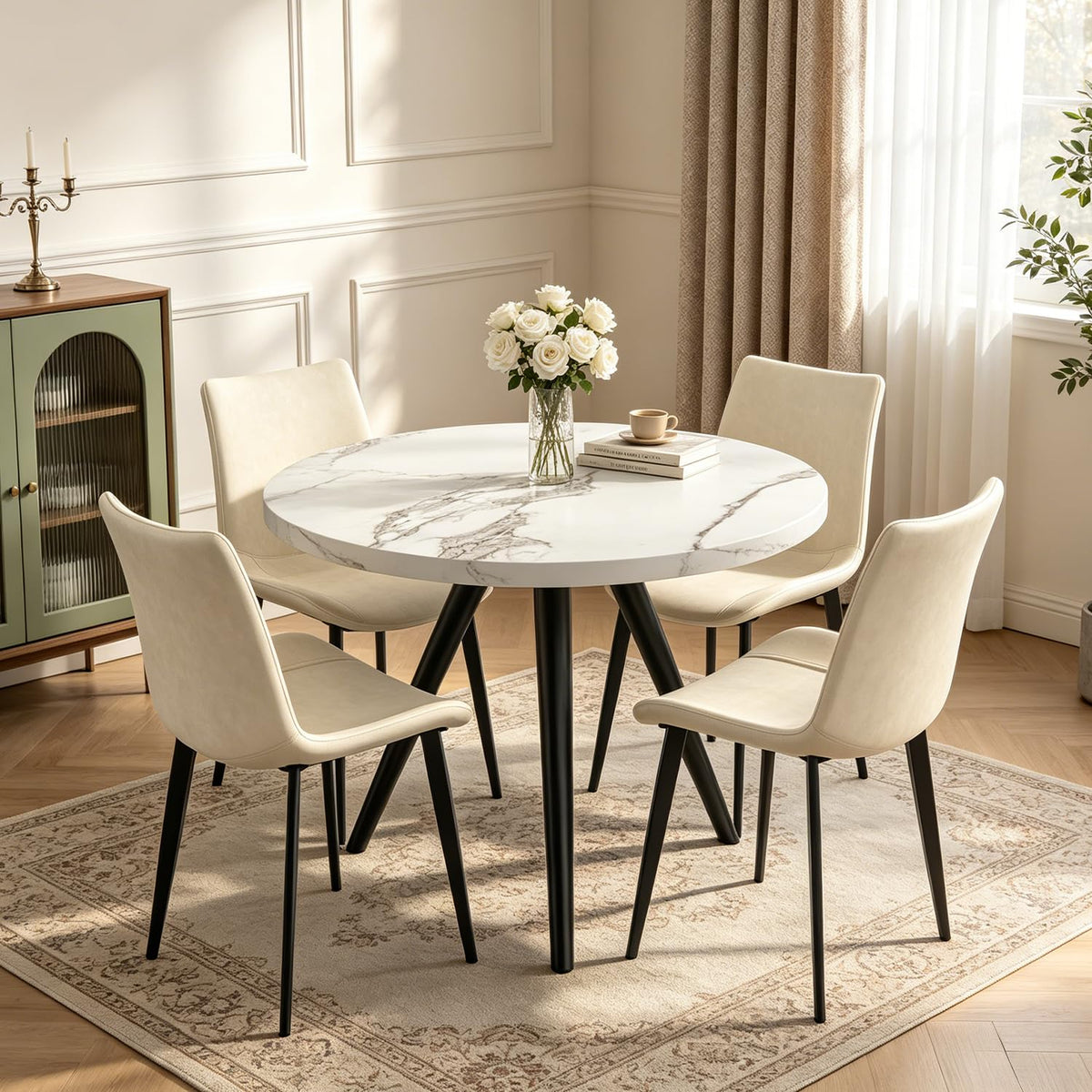 34.6" Round Dining Table Set for 4, Modern Kitchen Coffee Table Set, Walnut