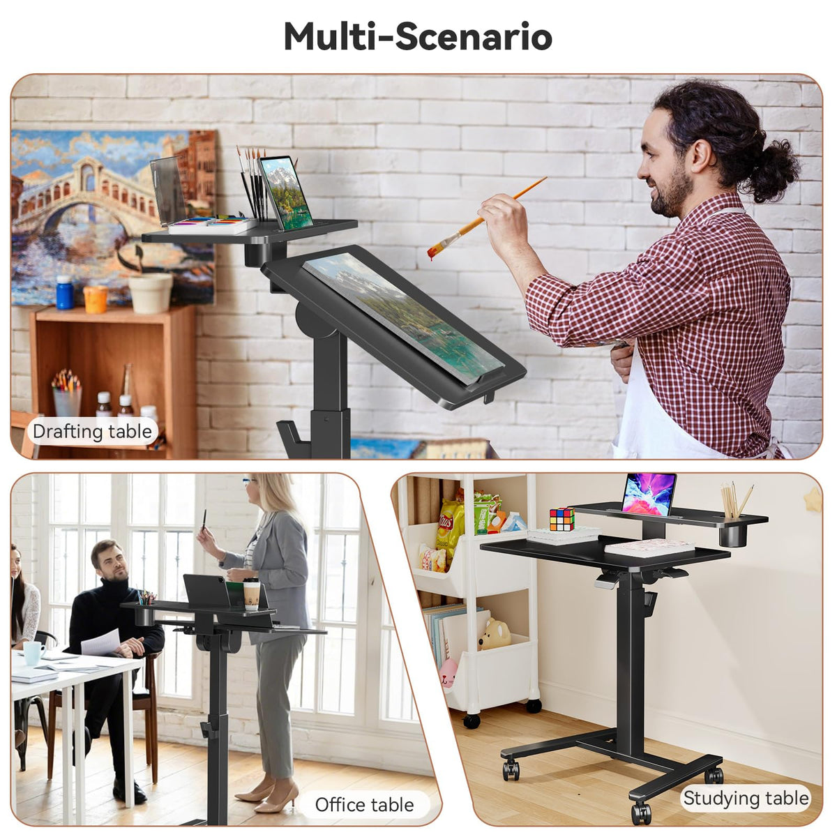 28" Mobile Standing Desk, Tiltable Top with 2-Tier Shelves, White