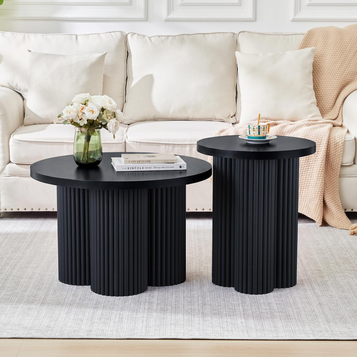 Round Nesting Coffee Table Set of 3 Fluted Coffee Table (Natural)