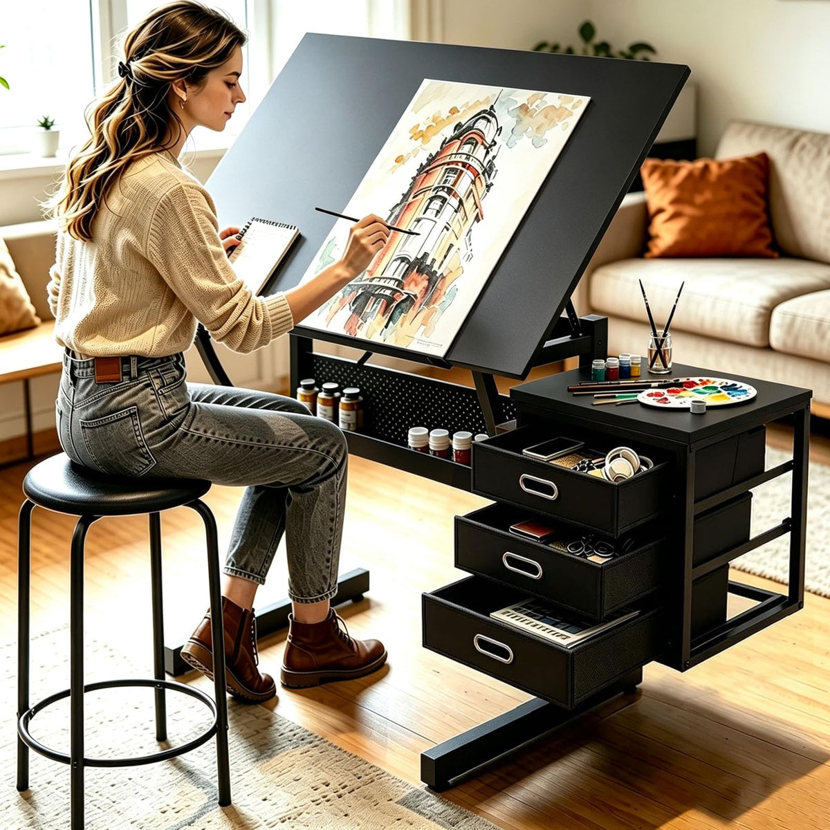 Height Adjustable Tilt Drafting Table with 2 Storage Drawers & Stool Brown