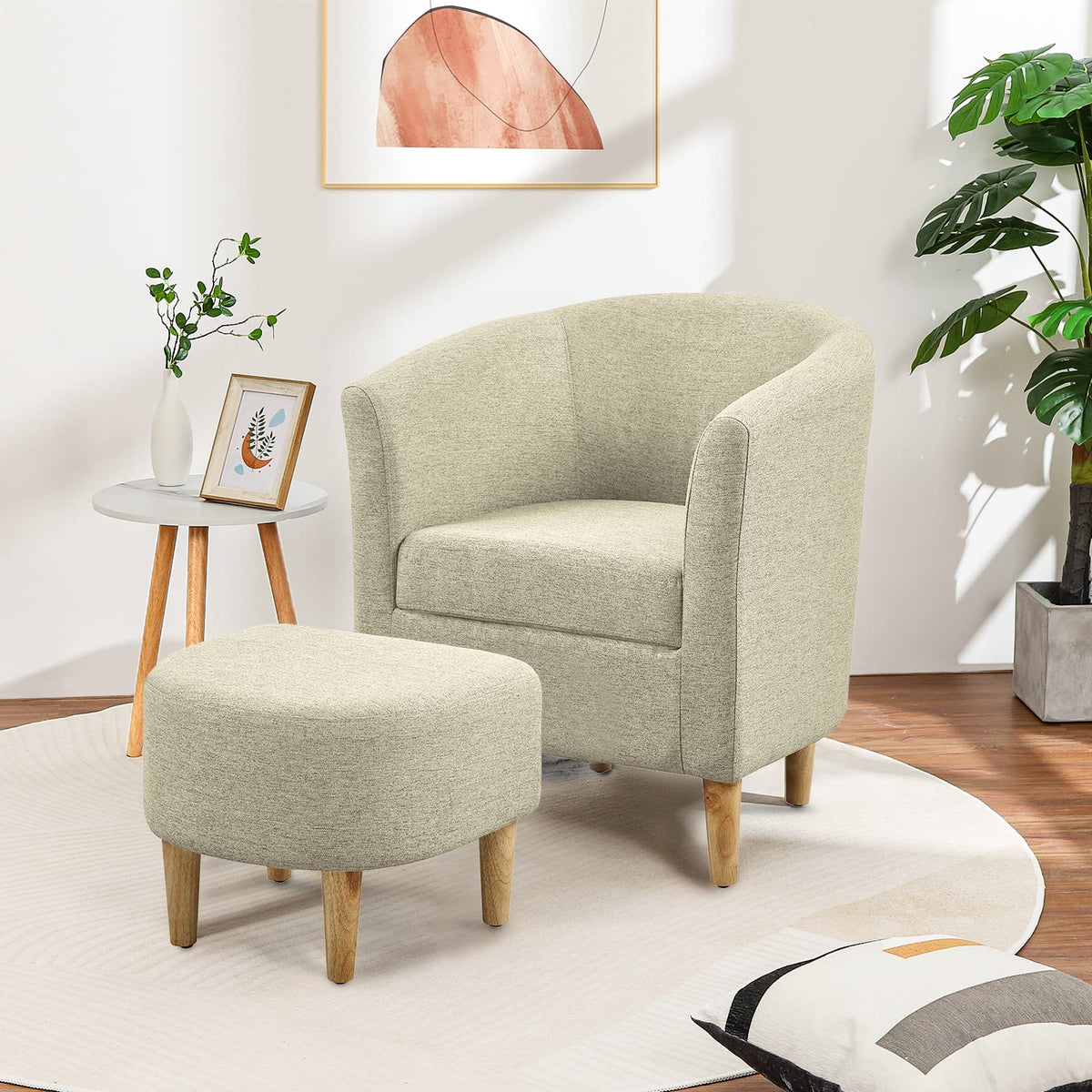 DAZONE Accent Chair with Ottoman, Modern Comfy Armchair Upholstered Barrel Club Chair and Footrest Set, Fabric Tub Arm Chairs for Living Room Bedroom Small Spaces Apartment Office, Set of 2, Gray