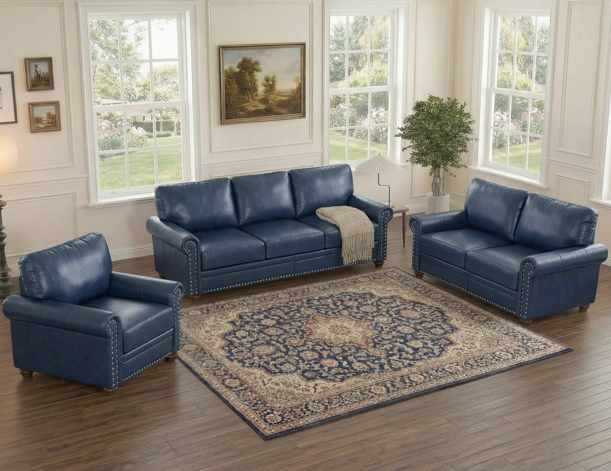 2 Piece Couch Sets for Living Room,Mid Century Modern Couch with Storage Nailhead Trim & Rolled Armrests,Deep Seat Comfy Couch,Furniture Set for Living Room,Bedroom,Office(Navy Blue,Loveseat+3 Seater)