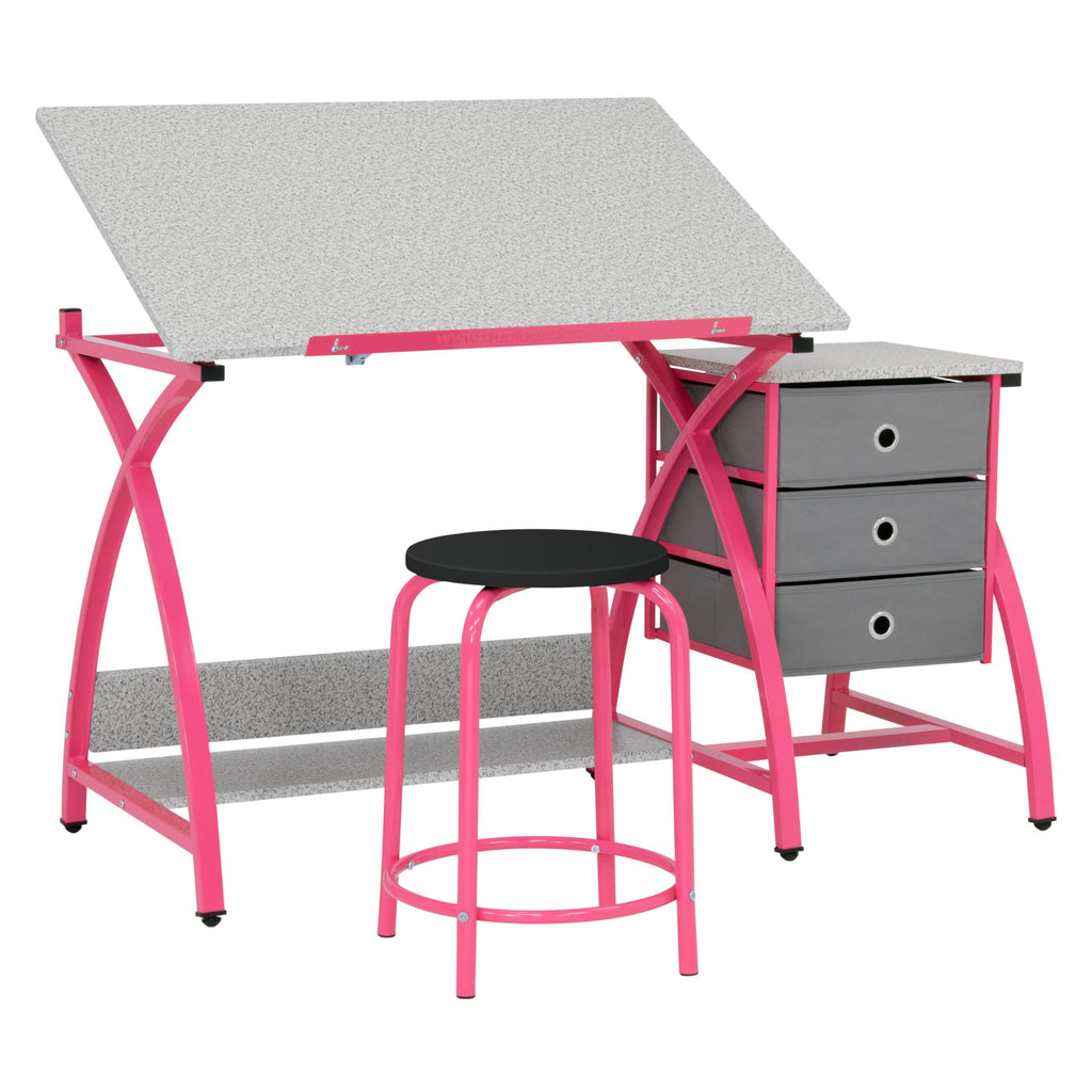 SD Studio Designs 2 Piece Comet Center Plus, Craft Table and Matching Stool Set with Storage and Adjustable Top, Silver/Black