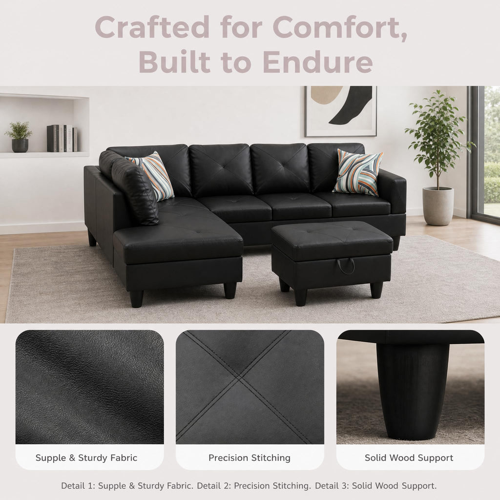 97.5" Leather L Shaped Couch with Left Chaise & Cup Holder, Sectional Sofas Modular Furniture Set with Storage Ottoman, Convertible Couches for Living Room, Office & Small Space (Black)