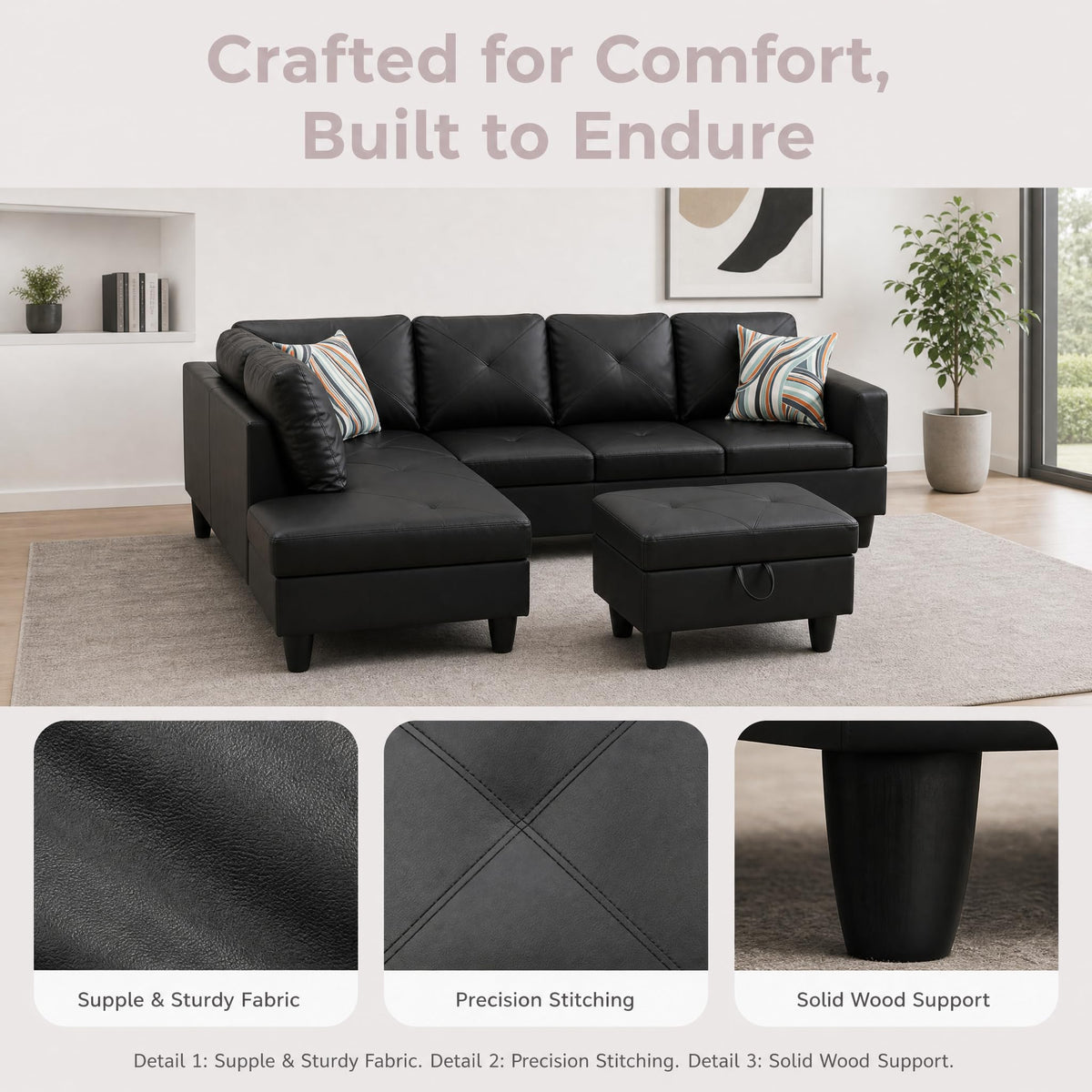 97.5" Leather L Shaped Couch with Left Chaise & Cup Holder, Sectional Sofas Modular Furniture Set with Storage Ottoman, Convertible Couches for Living Room, Office & Small Space (Black)
