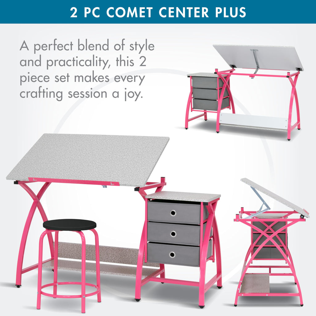 SD Studio Designs 2 Piece Comet Center Plus, Craft Table and Matching Stool Set with Storage and Adjustable Top, Silver/Black