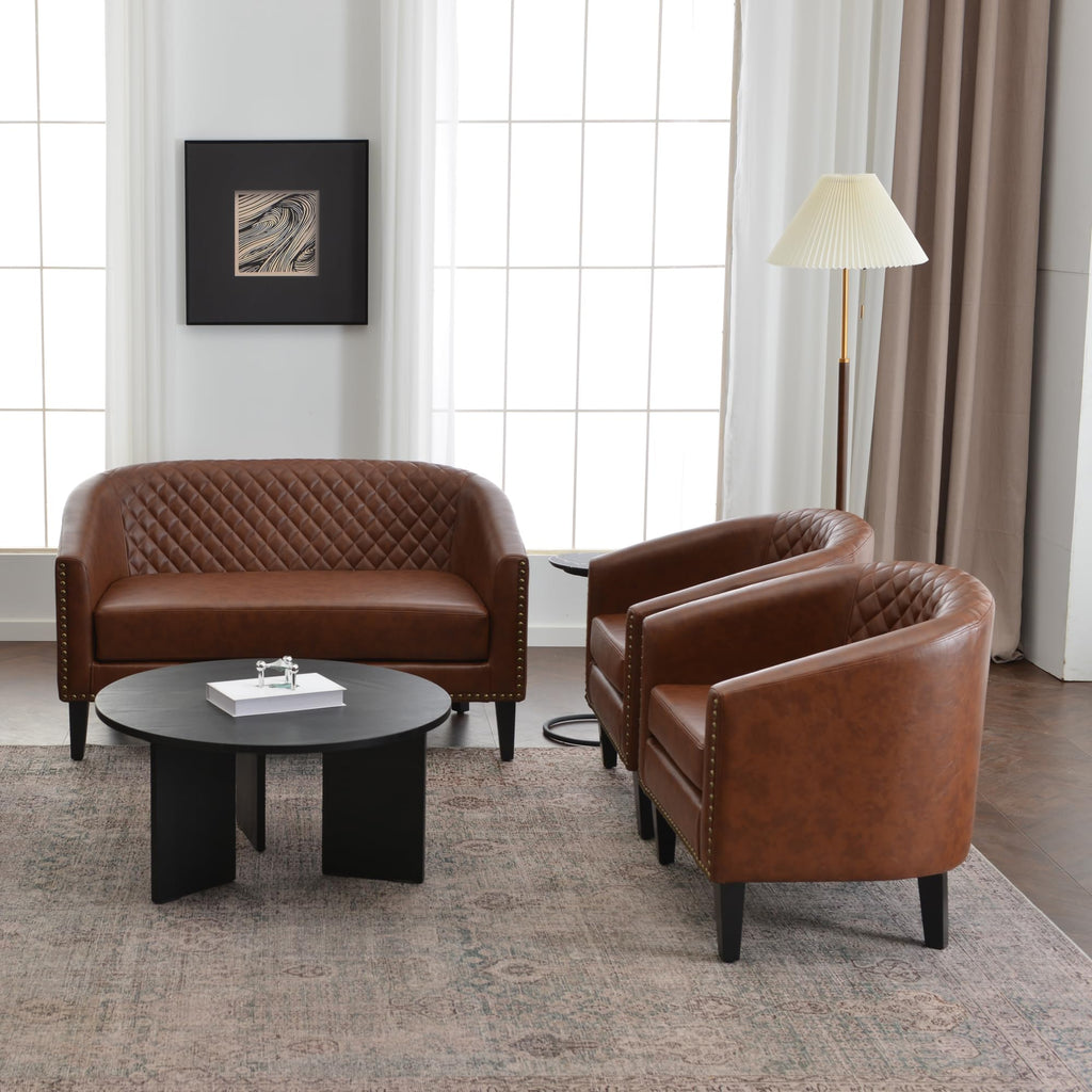 KINWELL 29" W Faux Leather Tufted PU Barrel Club Chairs Set of 2, Black