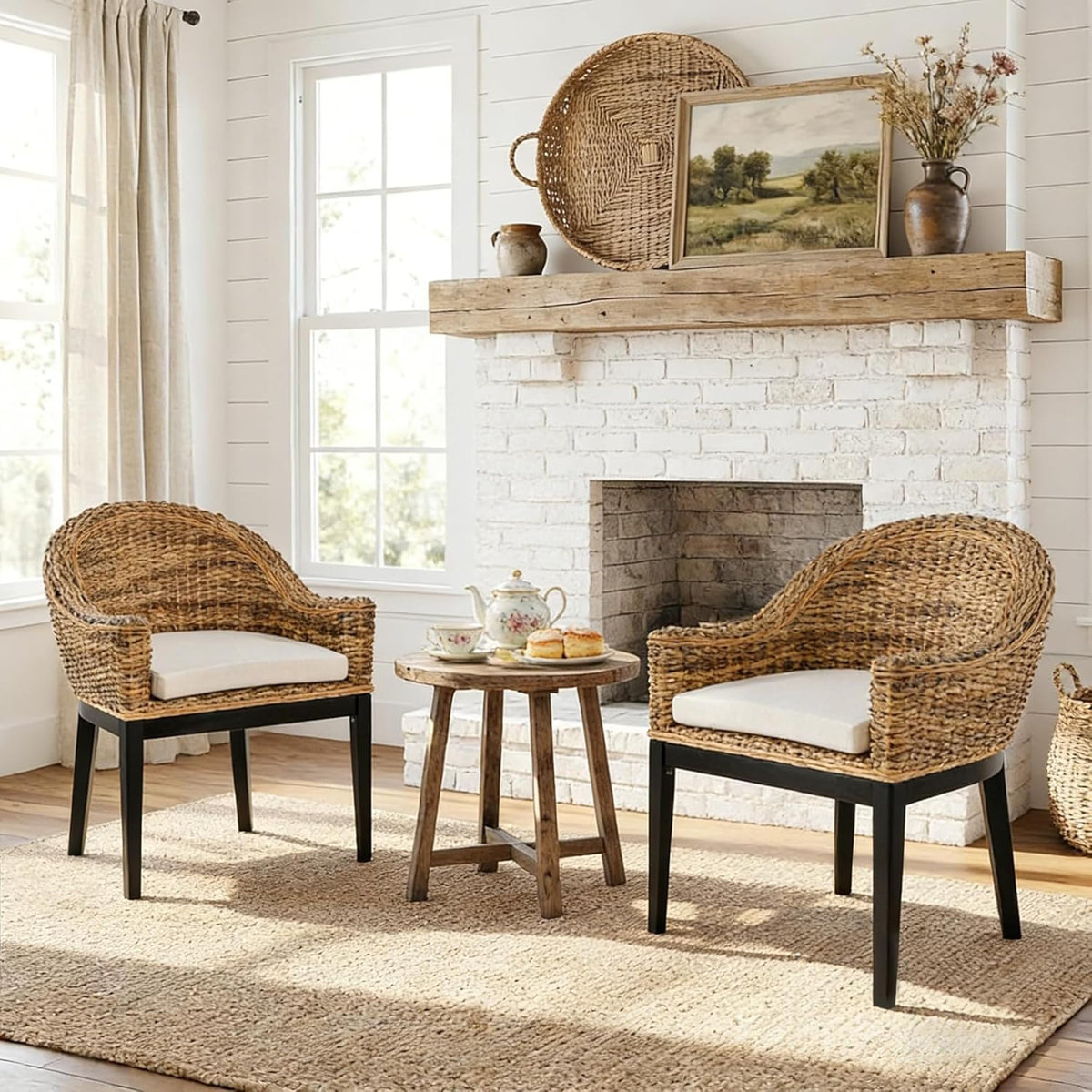 DUHOME 2 Sets Wood Rattan Arm Accent Chairs Natural Wash/White Cushion