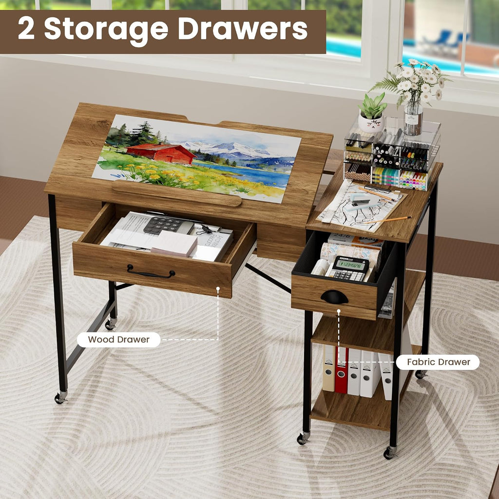 Rolling Drafting Table, Crafting Table with Storage, Computer Desk ï»¿