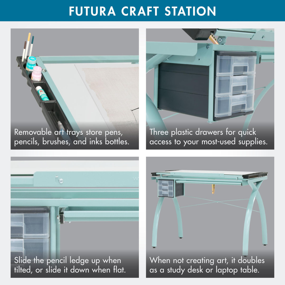 SD Studio Designs 10096 Futura Station with Folding Shelf Top Adjustable Drafting Craft Drawing Hobby Table Writing Studio Desk with Drawer, 35.5'' W x 23.75'' D, White/Clear Glass