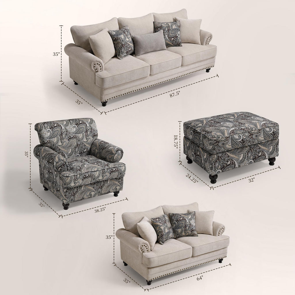 Modern Farmhouse Loveseat Sofa, Chenille Upholstery with Nailhead Trim, Small Couch for Living Room, Bedroom, Office, or Apartment, Includes 4 Accent Pillows