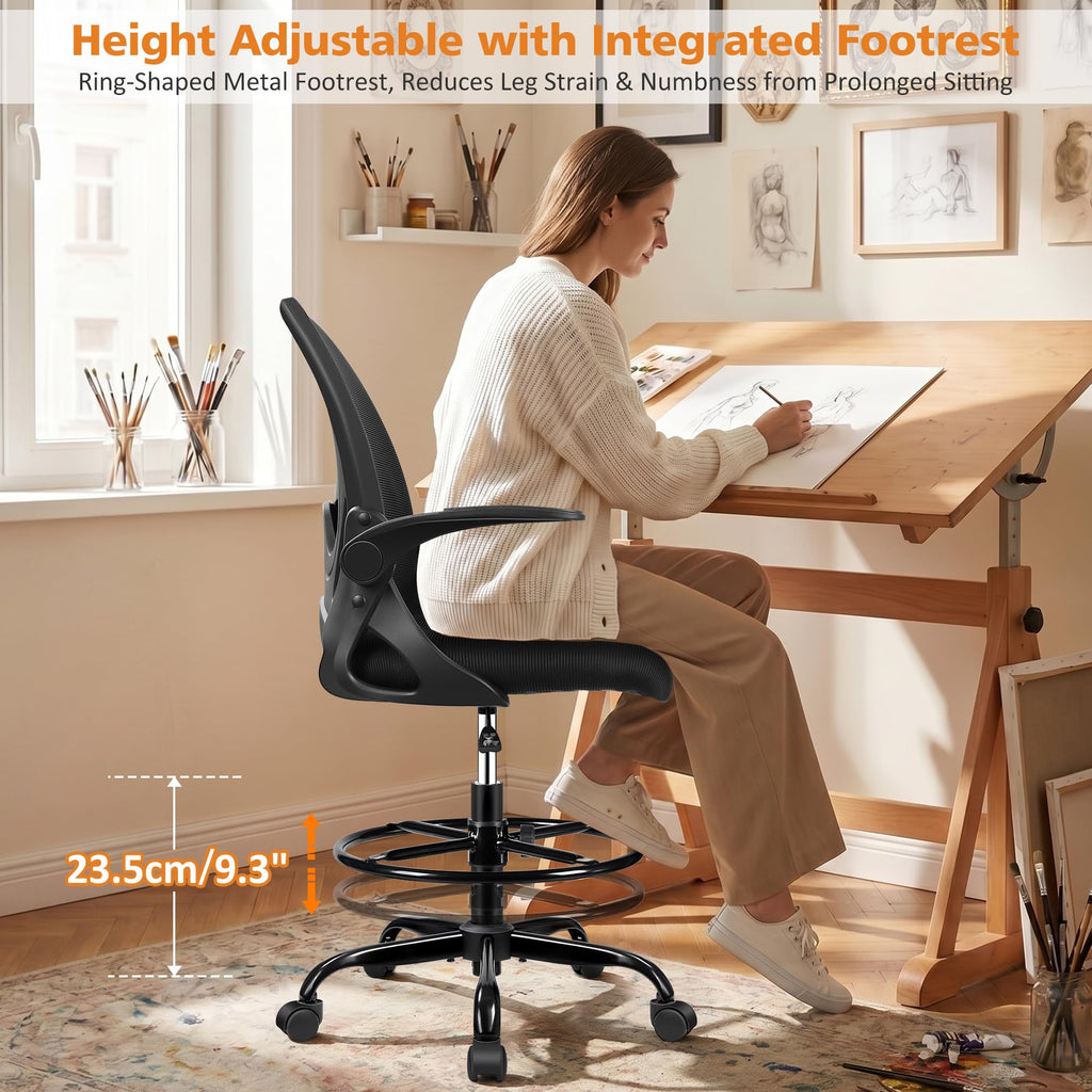 Drafting Chair Tall Office Chair with Flip-up Armrests, Adjustable Height, and Enhanced Lumbar Support - Ergonomic Rolling Stool, Back Support, and Adjustable Foot Rest Ring for Standing Desk White