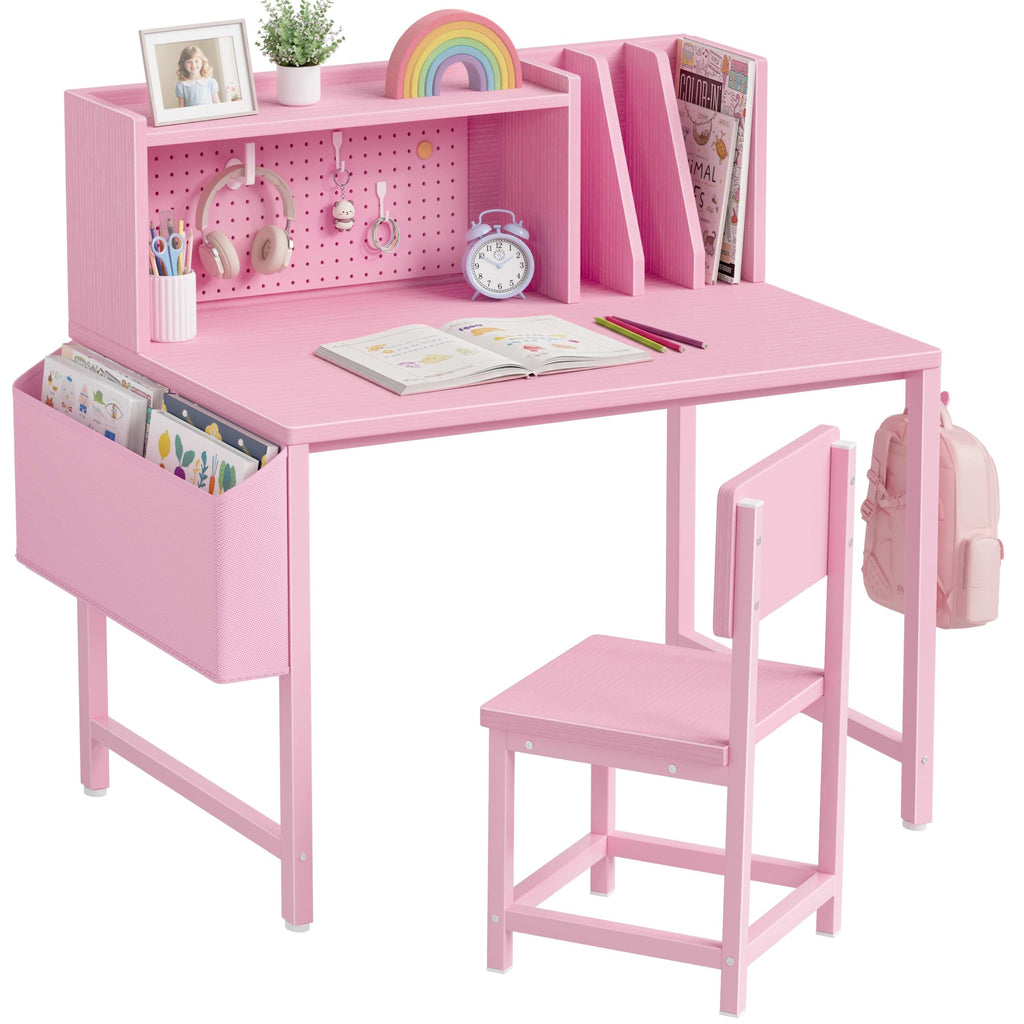 BOLUO Kids Desk and Chair Set for 6-12 Year Old, Children Study Desk with Hutch and Pegboard, Student Writing Table with Storage Shelf for Girls Boys