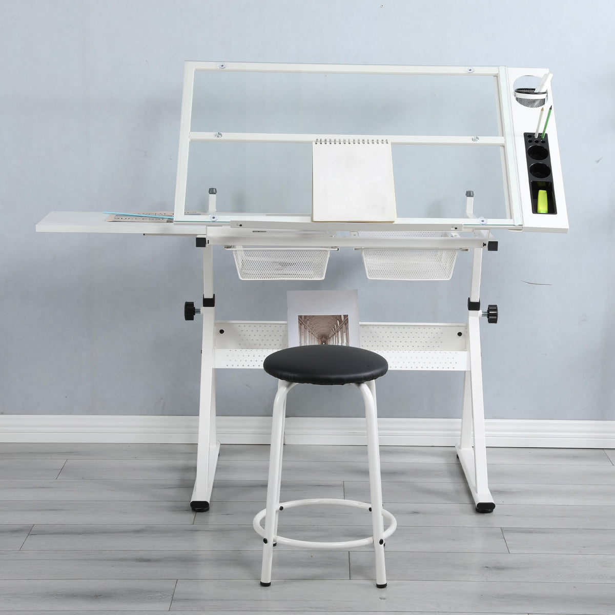 Adjustable Drafting Table with Stool, 0-75Â° Tilting Art Desk, White