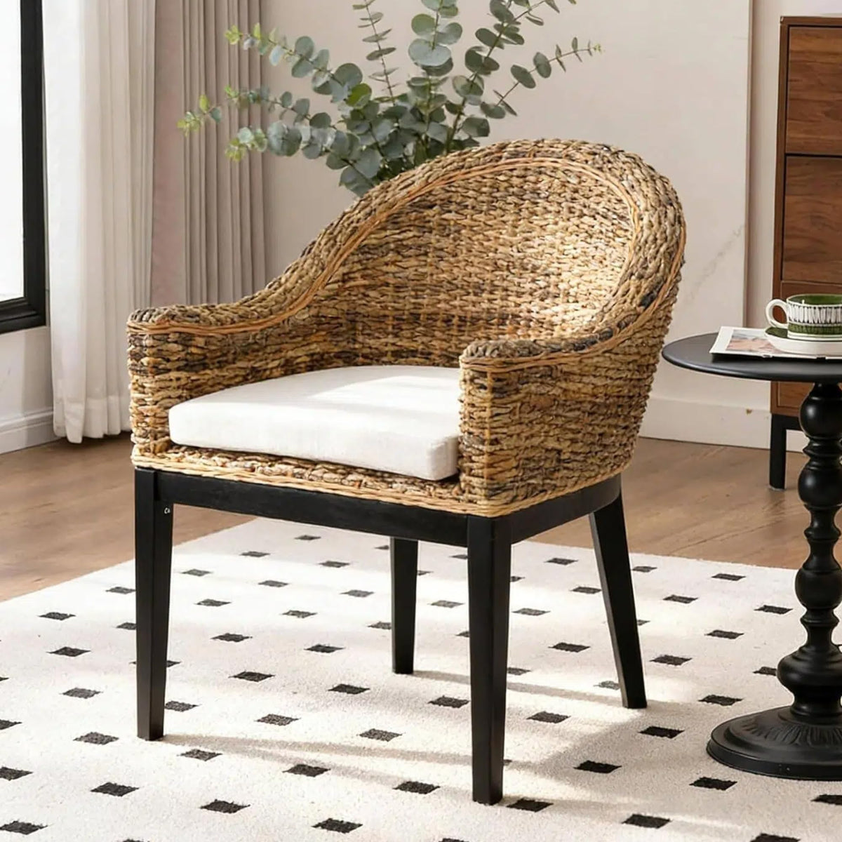 DUHOME 2 Sets Wood Rattan Arm Accent Chairs Natural Wash/White Cushion