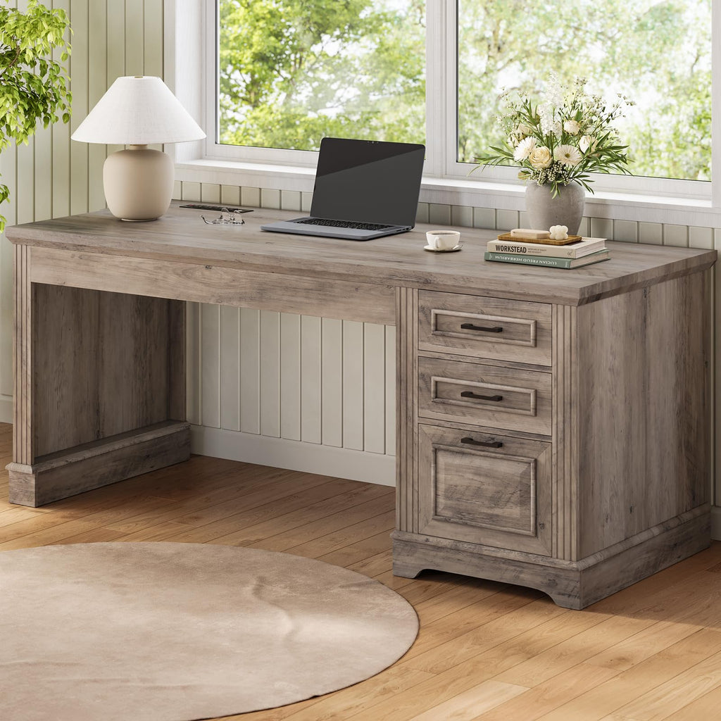 Itaar Farmhouse L Shaped Desk, Executive Computer Desk with Drawers and Storage Cabinet, Home Office Desk with File Drawer and Power Outlet, Corner Desk, Workstation for Office Home, Grey