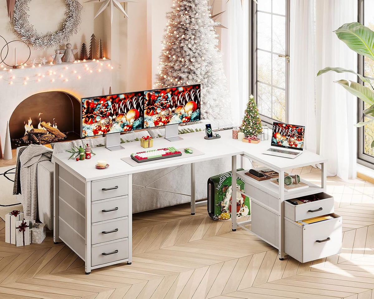 Coleshome 55 Inch L Shaped Office Desk with 6 Drawers, Power Outlet, White