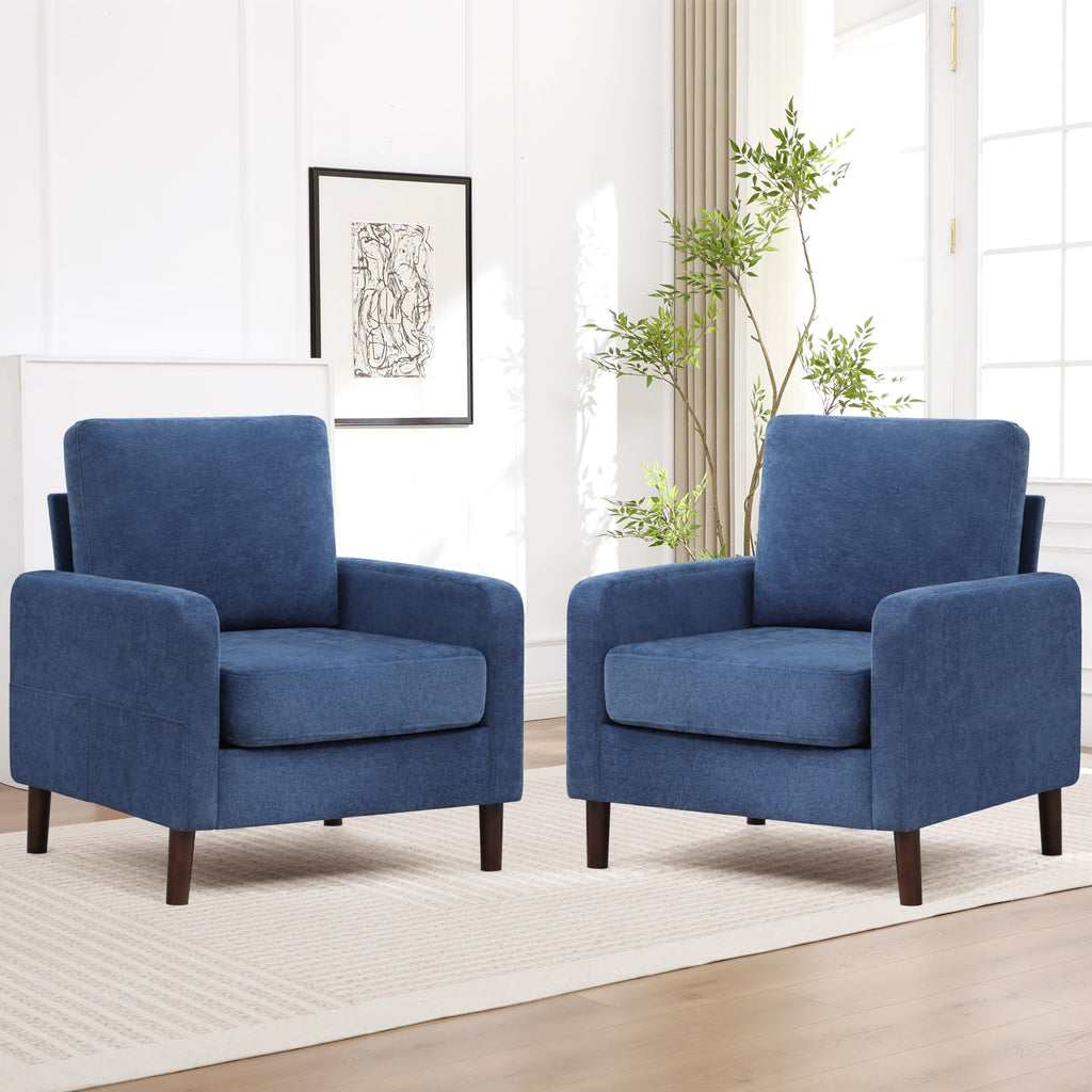 Accent Chair Set of 2, Upholstered Living Room Chairs with Wood Legs and Side Pockets, Modern Reading Chair for Bedroom, Armchair Single Sofa Side Chair for Office, Small Room, Dark Grey