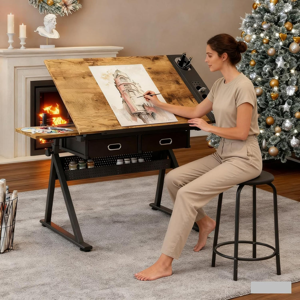 Height Adjustable Art Table Drafting Table with Stool, Rustic