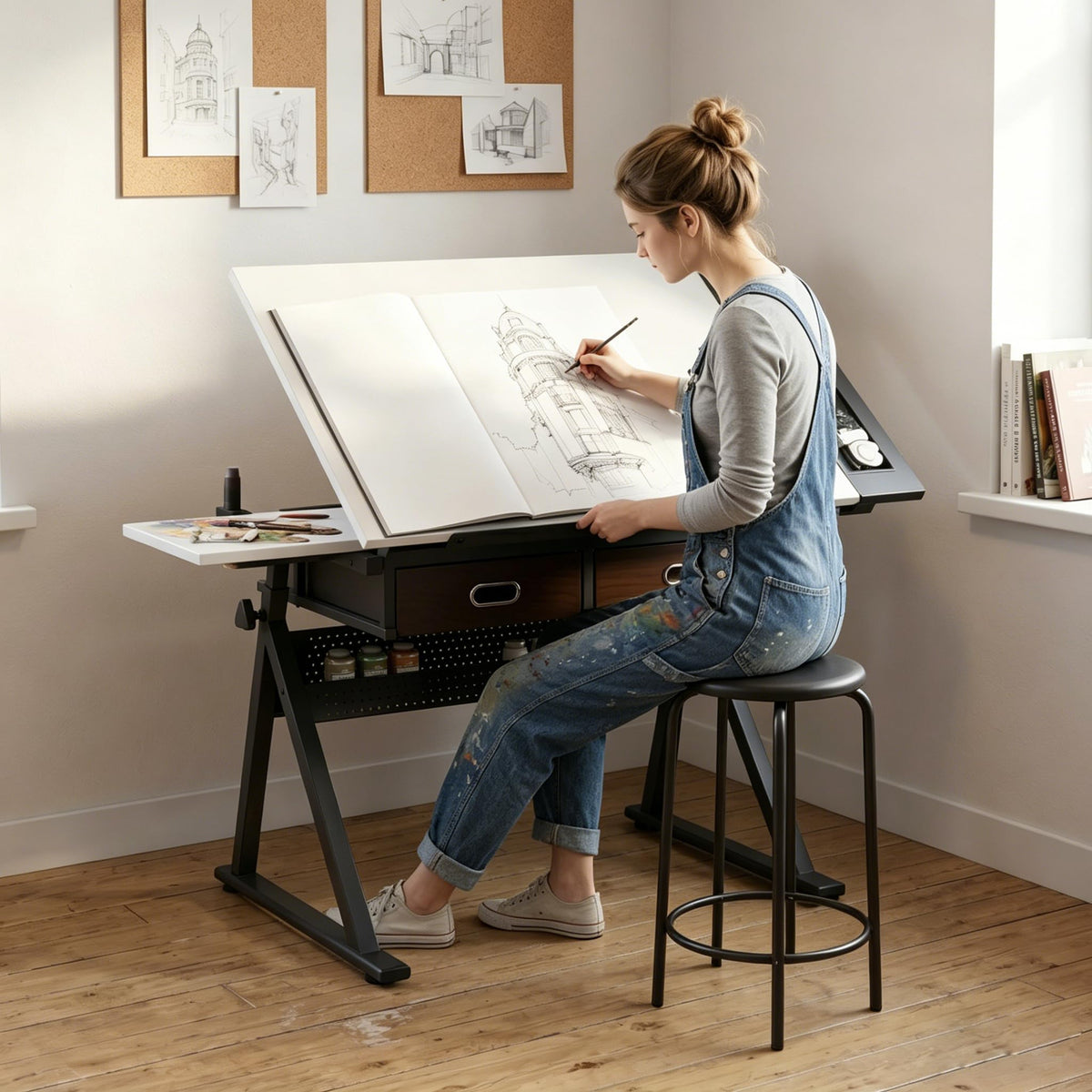 Height Adjustable Drafting Table Drawing Table Artist Desk Tilting Tabletop Art Craft Desk with 2 Storage Drawers and Stool, Art Craft Desk for Artist Painters Drawing Painting (All White)