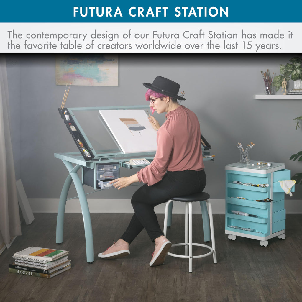 SD Studio Designs 10096 Futura Station with Folding Shelf Top Adjustable Drafting Craft Drawing Hobby Table Writing Studio Desk with Drawer, 35.5'' W x 23.75'' D, White/Clear Glass