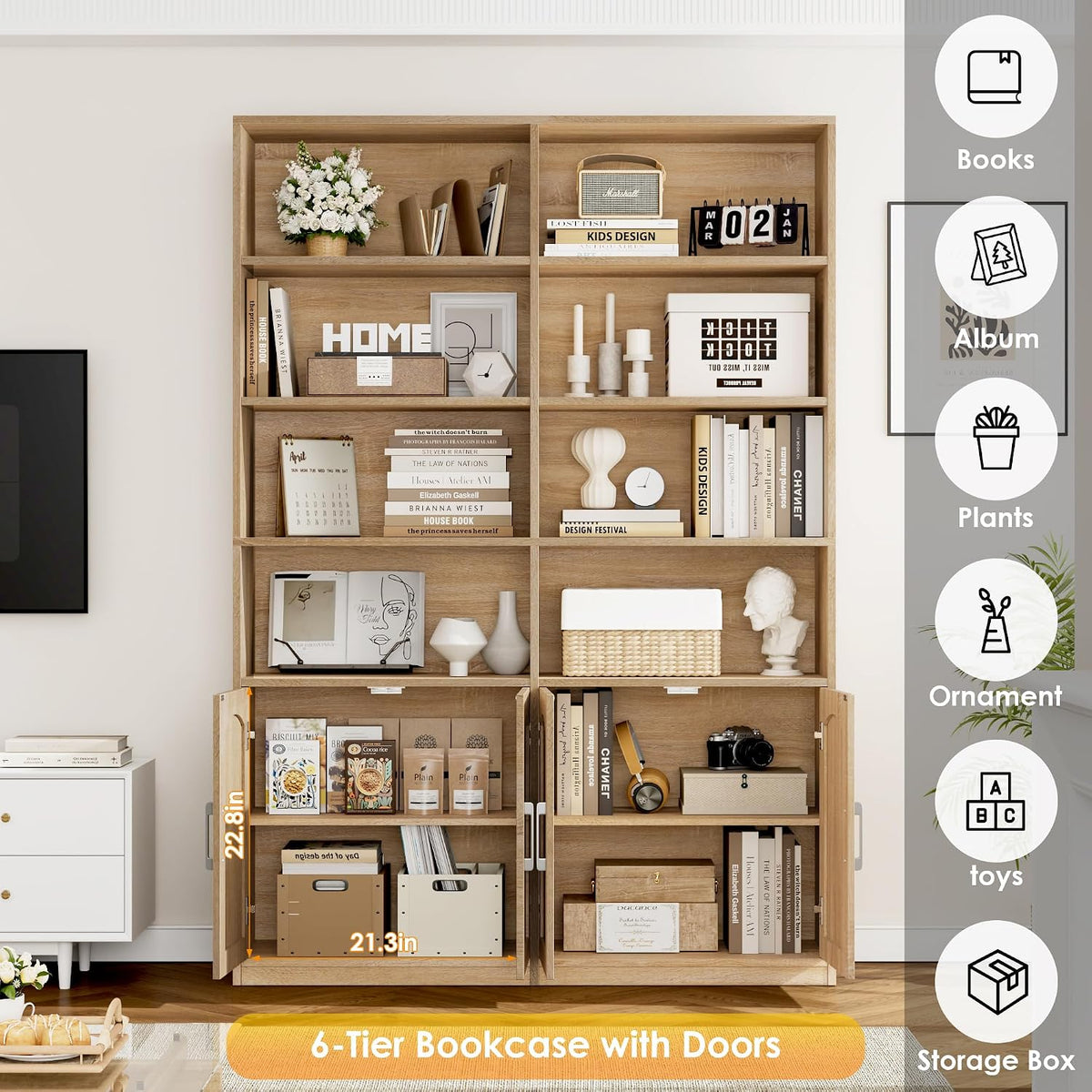 FACBOTALL Bookshelf and Bookcase with Doors, Double Wide Large Bookshelves