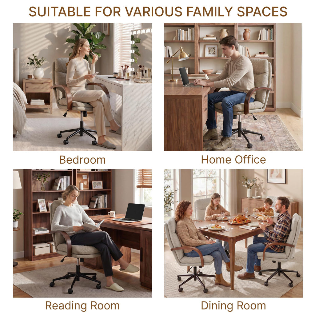KISLOT Home Office Desk Chair, Ergonomic Office Chair with Lumbar Support, Adjustable Swivel Computer Chair with Wheels, Faux Leather Executive Task Chair with Wood Arms, Set of 2, Brown