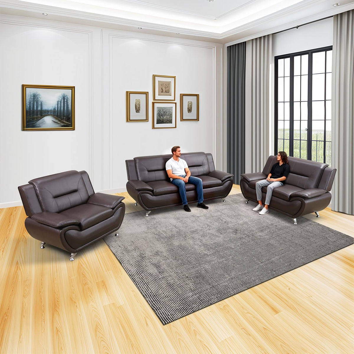Modern Leather Sofa Set, Living Room Furniture, 3 - Piece Couch Set, Faux Leather Couch Loveseat Chair Set with Sturdy Legs for Living Room/Bedroom/Office,Black