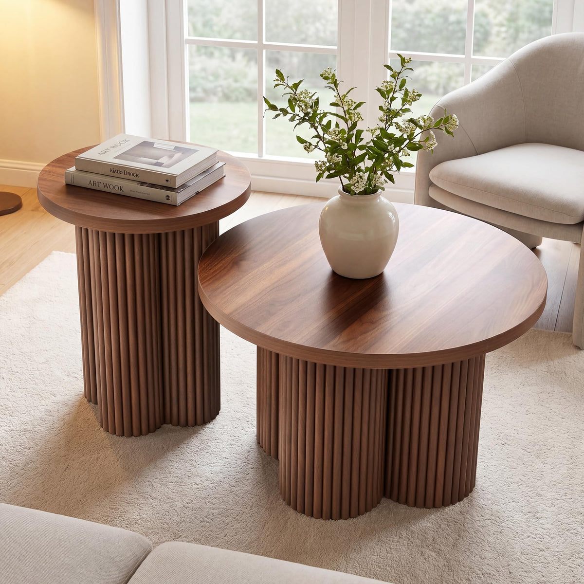 Round Nesting Coffee Table Set of 3 Fluted Coffee Table (Natural)