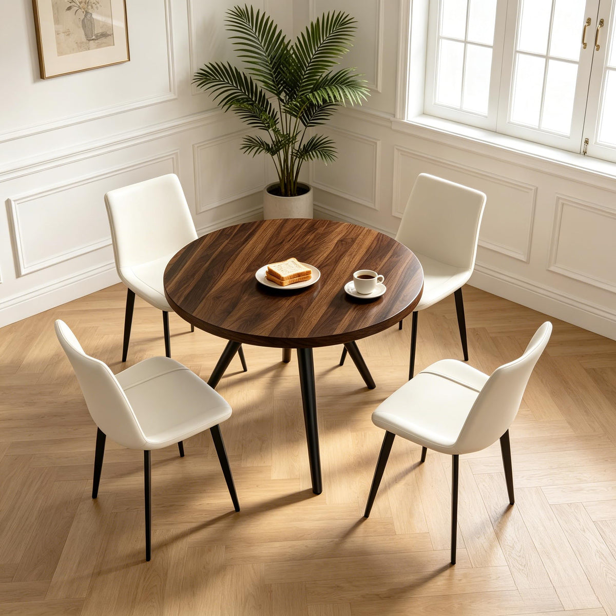 34.6" Round Dining Table Set for 4, Modern Kitchen Coffee Table Set, Walnut
