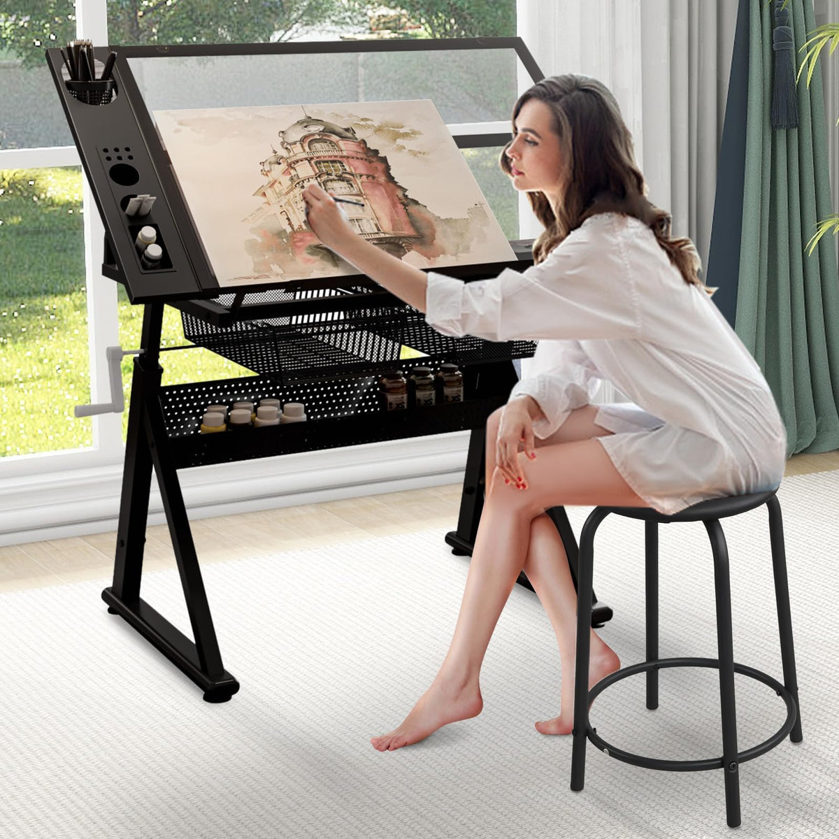 Black Drafting Table Desk w/Stool, Painting Table Art Craft Desk Crafting Table with Tilting Tempered Glass Top, 2 Storage Drawers, Height Adjustable