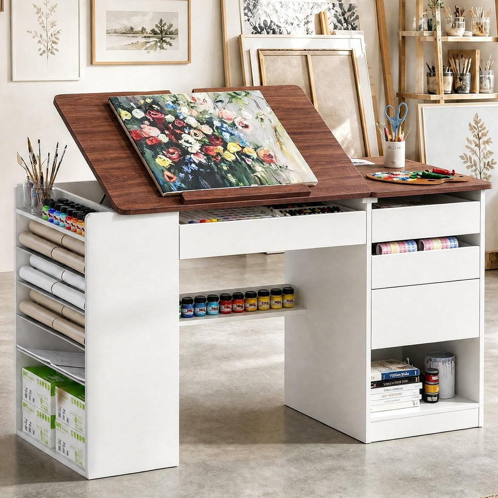 Adjustable Drafting Table with Storage & Removable Shelves