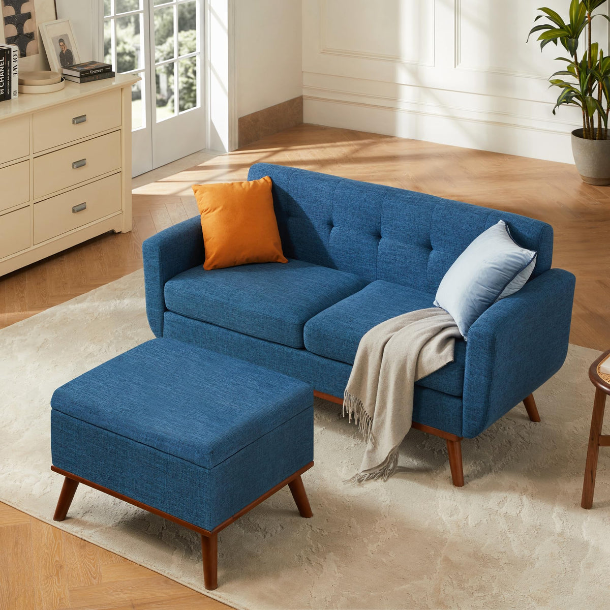 Kingfun 2 Piece Loveseat and Sofa Sets, Mid Century Modern Love Seat Couches for Living Room, Button Tufted Upholstered Furniture, Small Couch for Bedroom, Office, Beige