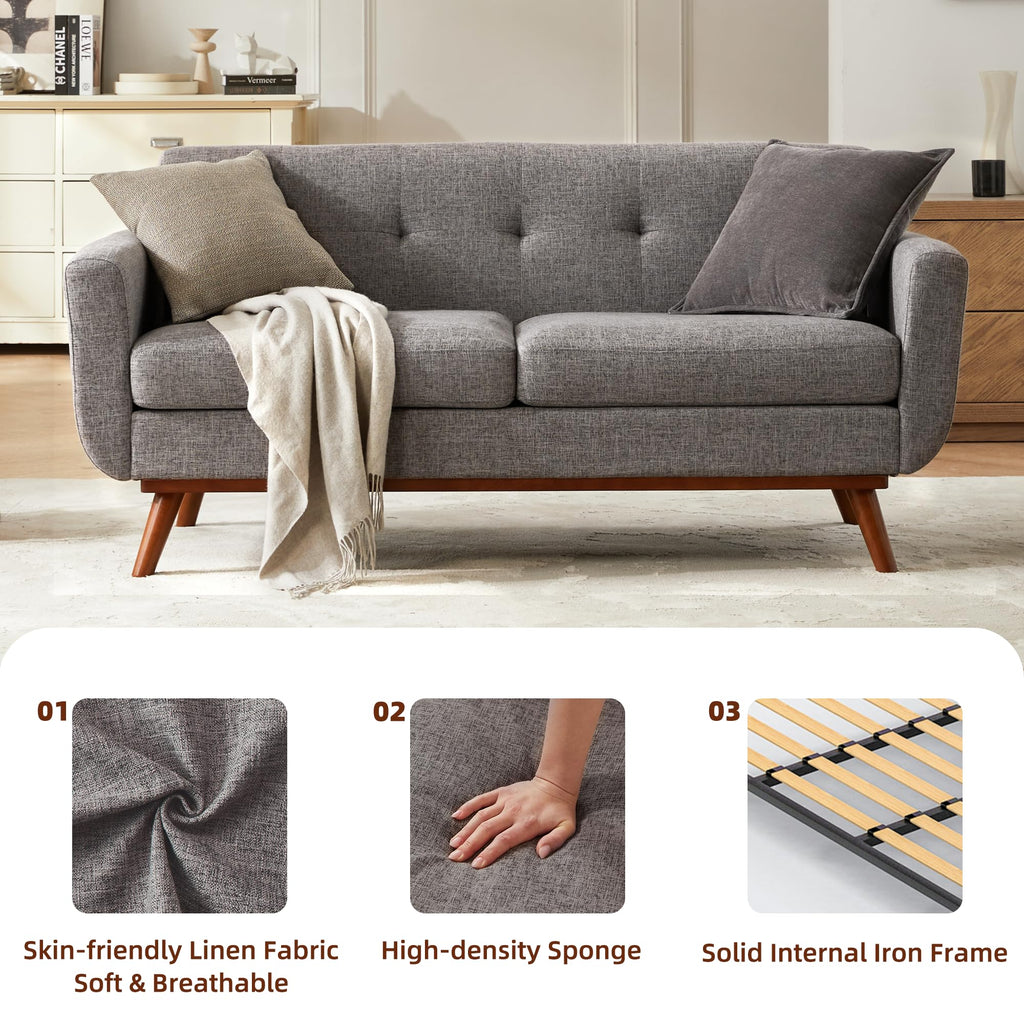 Kingfun 2 Piece Loveseat and Sofa Sets, Mid Century Modern Love Seat Couches for Living Room, Button Tufted Upholstered Furniture, Small Couch for Bedroom, Office, Beige