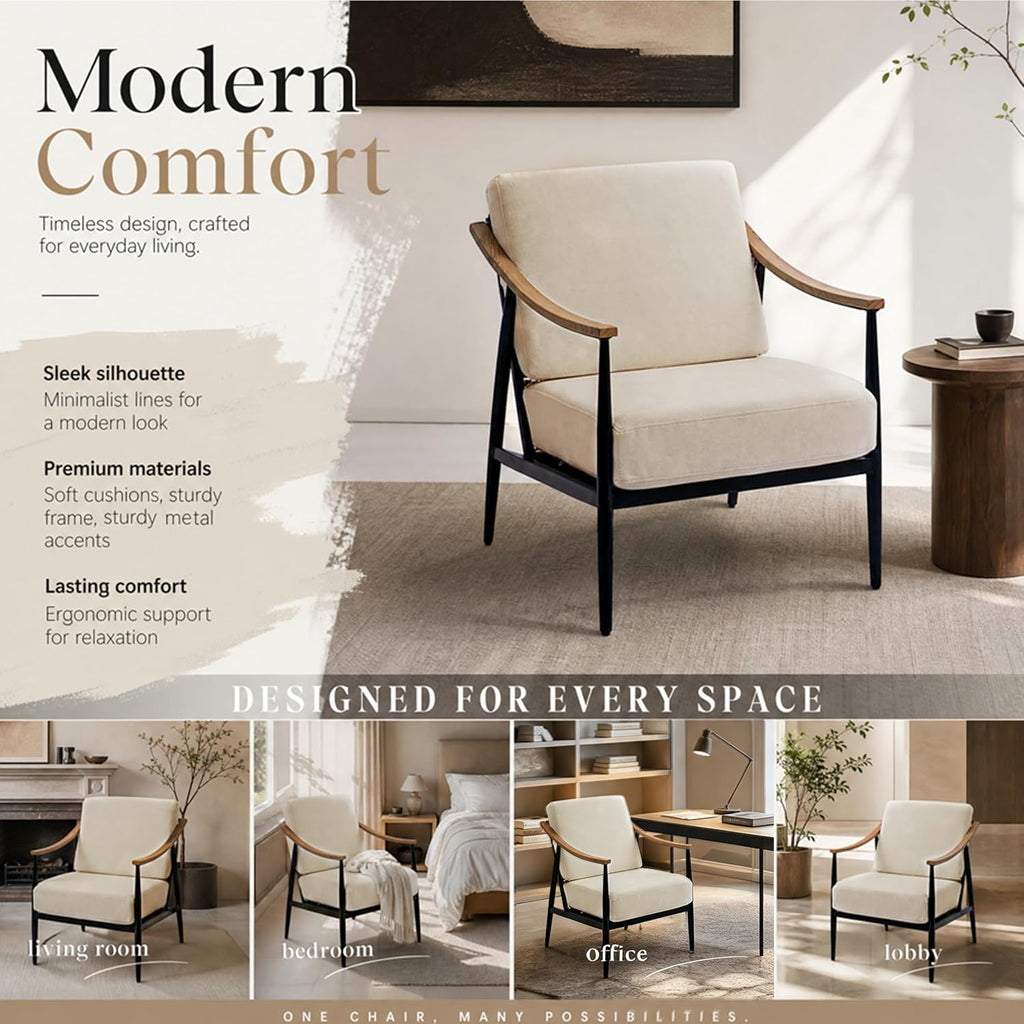 RNKSFX Modern Accent Chairs Set of 2 for Living Room Bedroom Mid Century Arm Chairs Upholstered Office Accent Chairs Comfy Waiting Room Chairs with Metal Frame, Beige