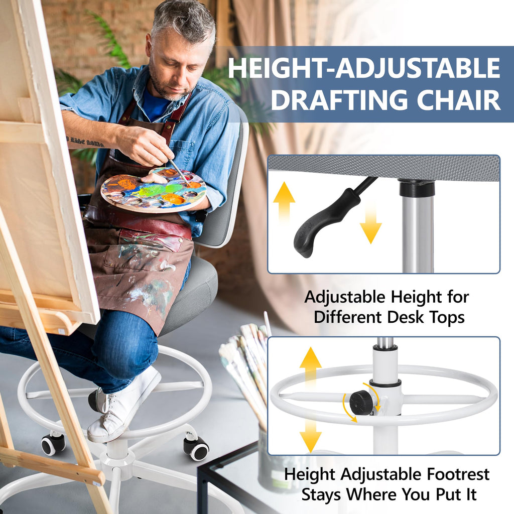 Primy Tall Drafting Desk Chair - Armless, Adjustable Height, Mesh Back, Rolling, Standing Desk Chair for Art Room, Office or Home (Black)