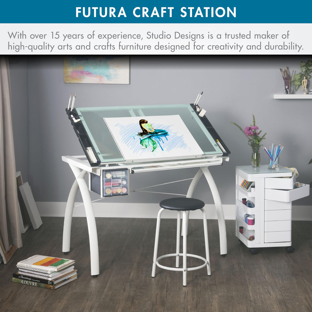 SD Studio Designs 10096 Futura Station with Folding Shelf Top Adjustable Drafting Craft Drawing Hobby Table Writing Studio Desk with Drawer, 35.5'' W x 23.75'' D, White/Clear Glass