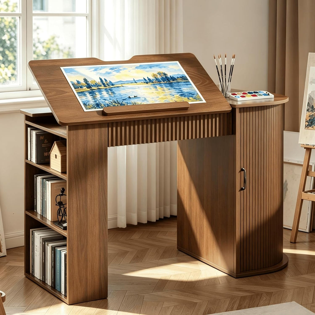 Fluted Drafting Table with Storage, Adjustable Drawing Desk (Walnut)
